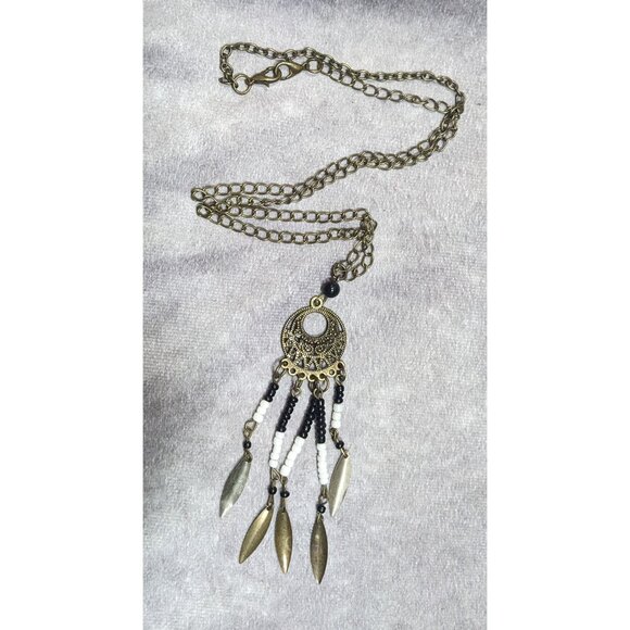 Bohemian Glass And Feather Charm Fringe Pendant Necklace - Picture 6 of 6